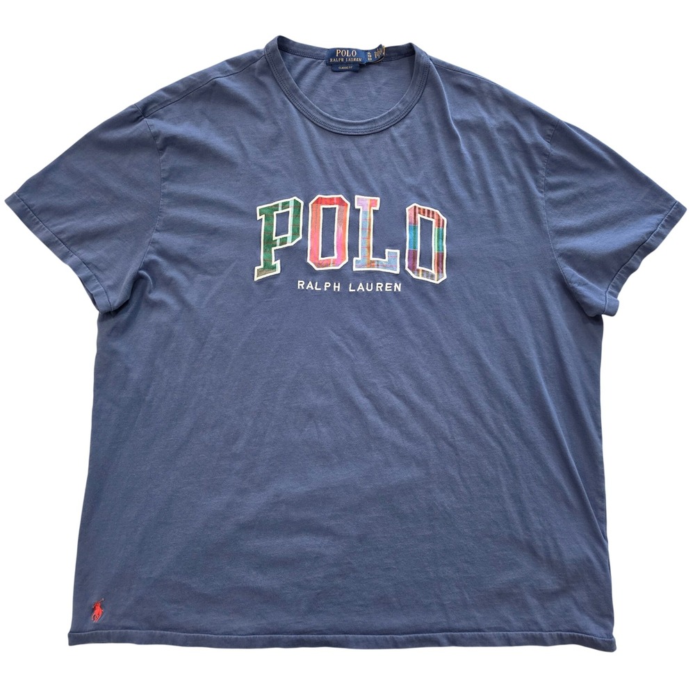 Polo Ralph Lauren Mens XL Blue Plaid Patchwork Logo Graphic T-Shirt Classic Fit